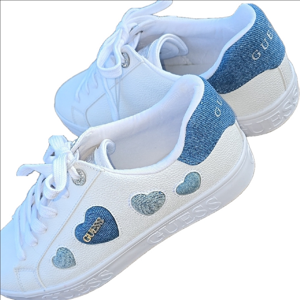 New- GUESS Women's White and Blue Heart Sneakers